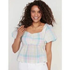 Old Navy Pastel Plaid Puff Sleeve Top Size XL